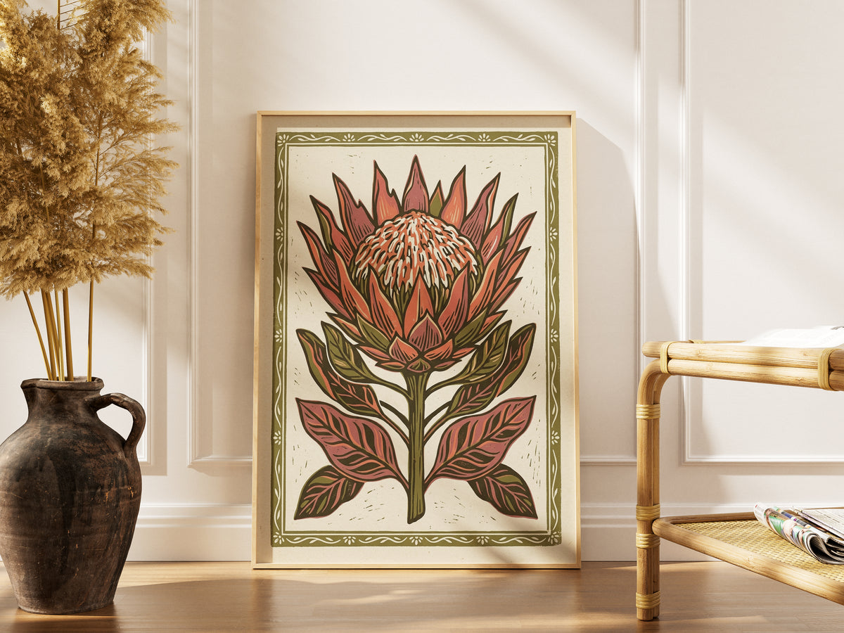 King Protea Linocut Print Botanical Floral Wall Art Earthy Tone Decor Wall Print