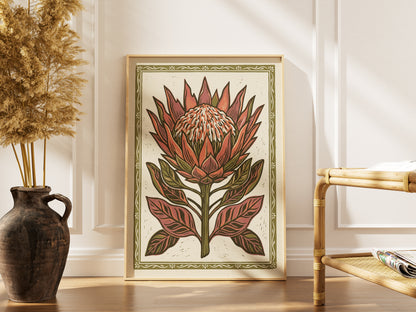 King Protea Linocut Print Botanical Floral Wall Art Earthy Tone Decor Wall Print