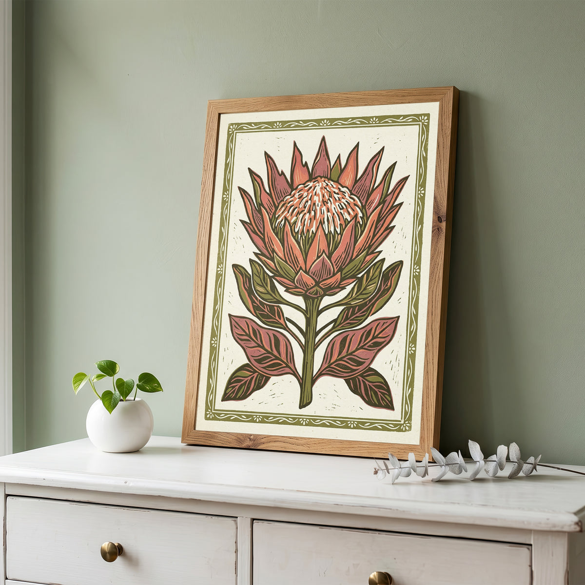King Protea Linocut Print Botanical Floral Wall Art Earthy Tone Decor Wall Print