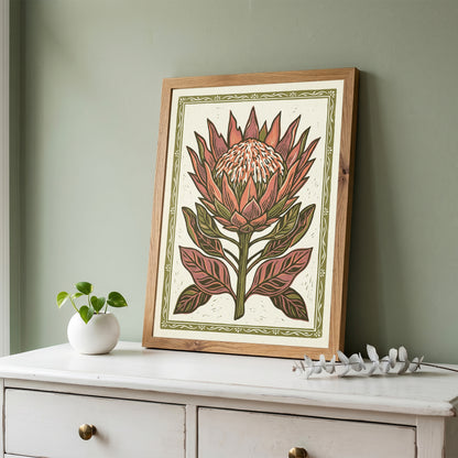 King Protea Linocut Print Botanical Floral Wall Art Earthy Tone Decor Wall Print