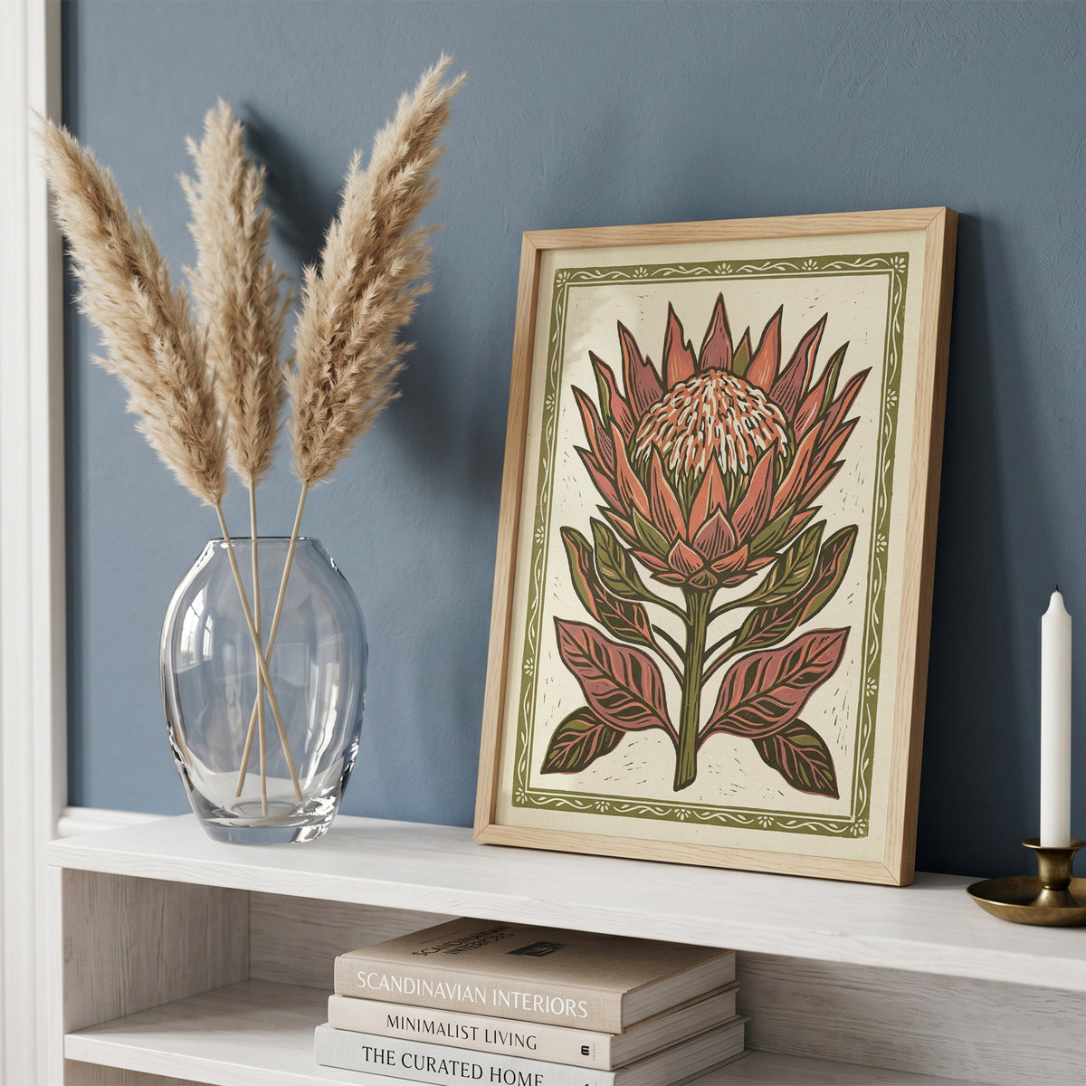 King Protea Linocut Print Botanical Floral Wall Art Earthy Tone Decor Wall Print