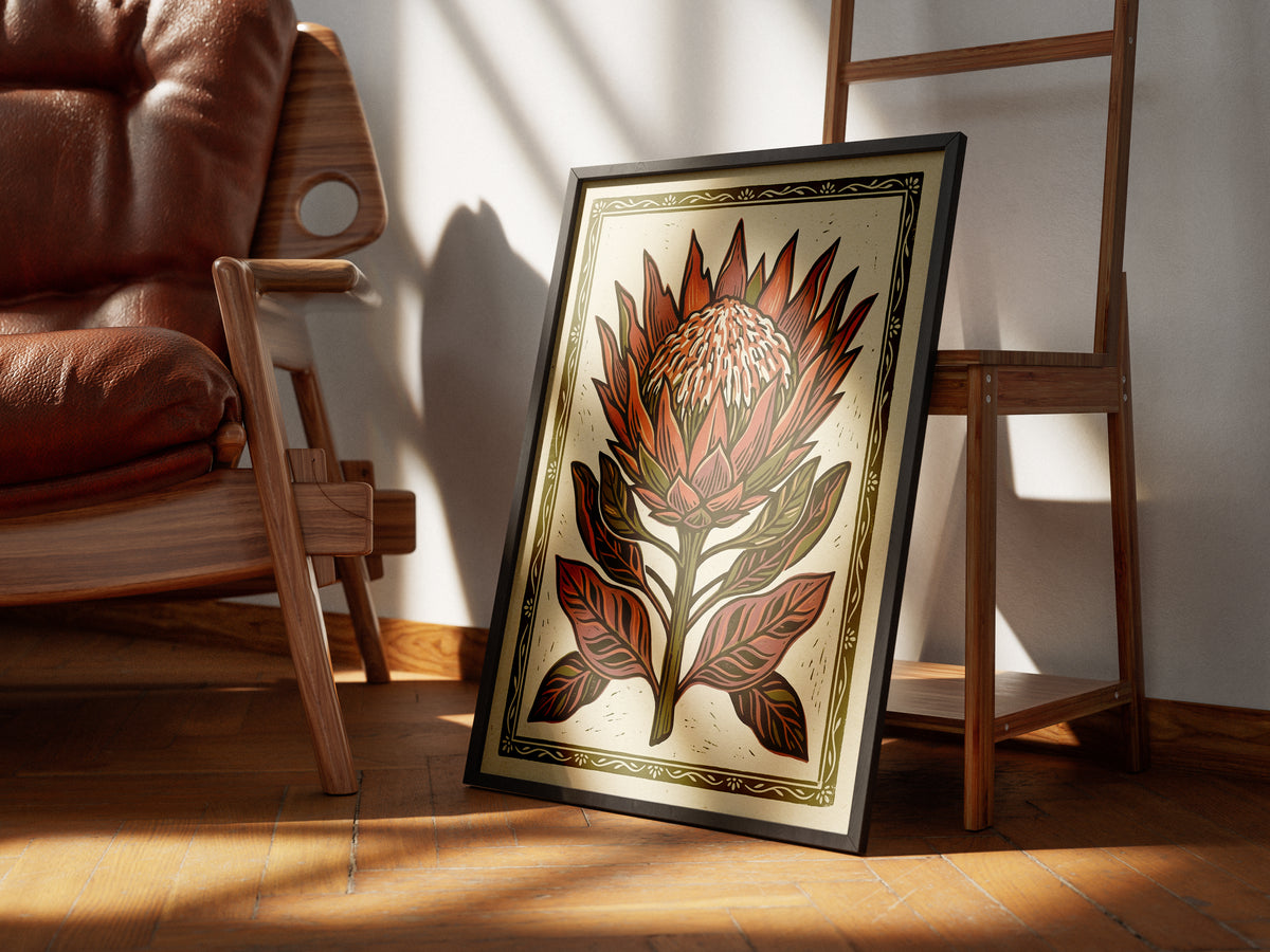 King Protea Linocut Print Botanical Floral Wall Art Earthy Tone Decor Wall Print