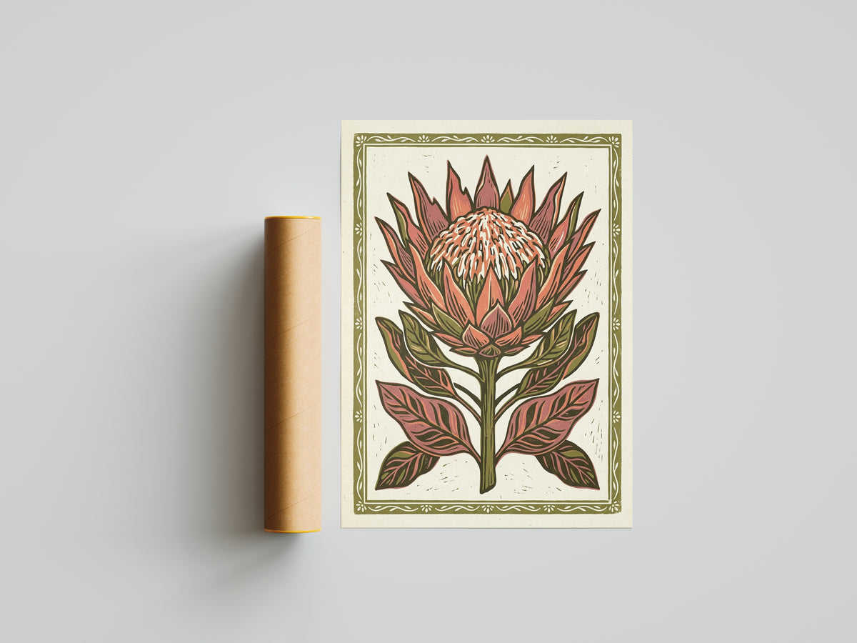 King Protea Linocut Print Botanical Floral Wall Art Earthy Tone Decor Wall Print