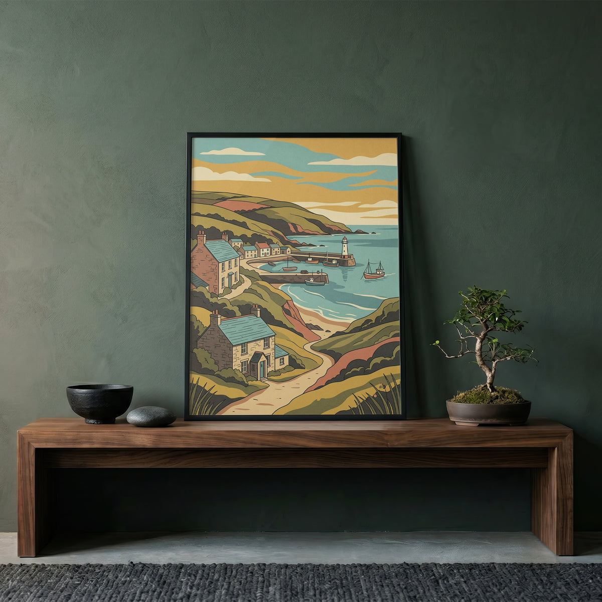 Sunset Coastal Harbor Print Vintage Seaside Village Poster Lighthouse Bay Print