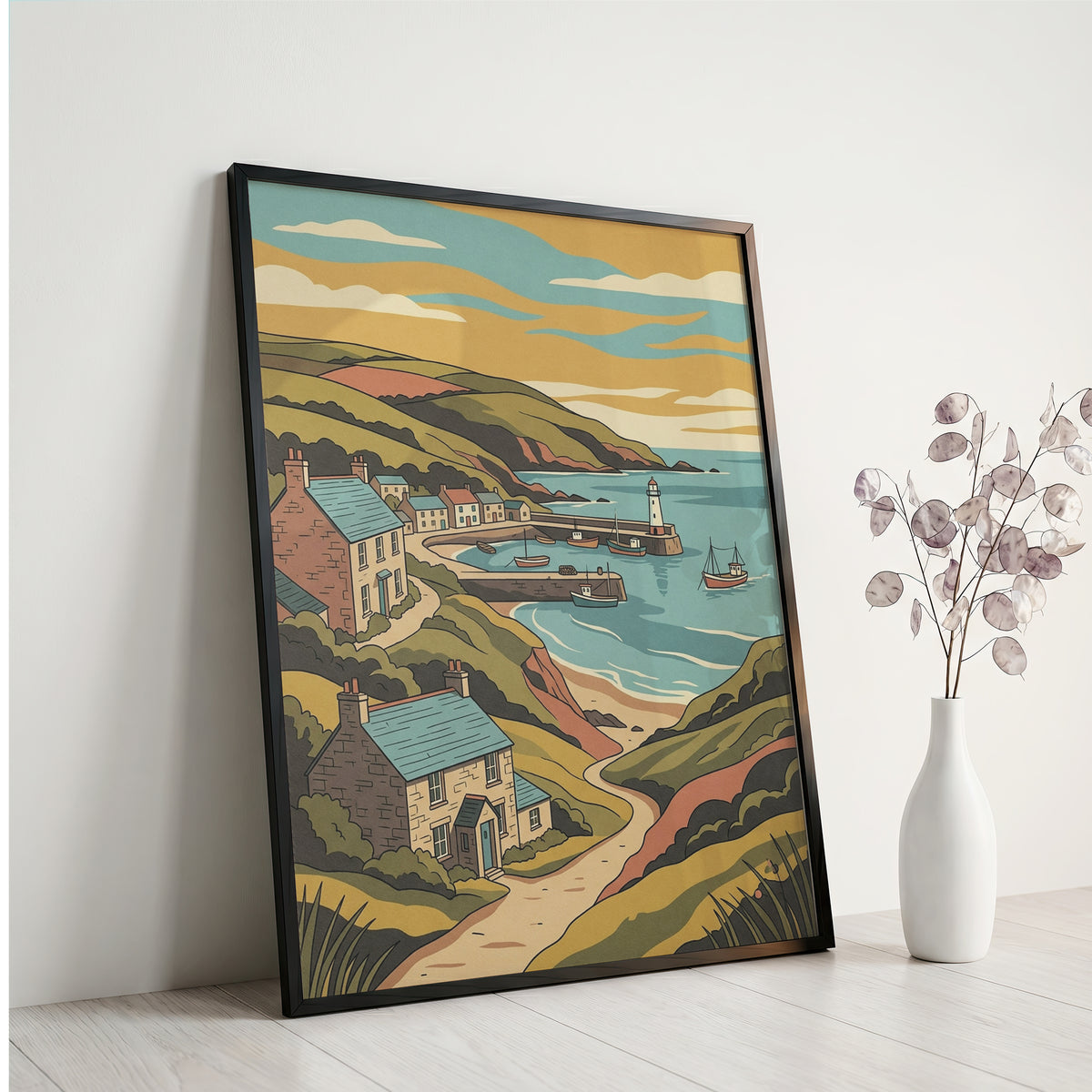 Sunset Coastal Harbor Print Vintage Seaside Village Poster Lighthouse Bay Print