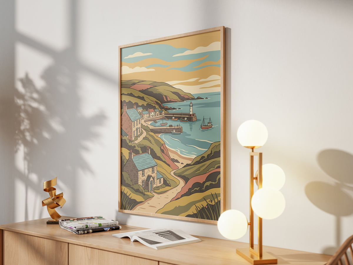 Sunset Coastal Harbor Print Vintage Seaside Village Poster Lighthouse Bay Print