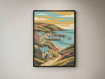 Sunset Coastal Harbor Print Vintage Seaside Village Poster Lighthouse Bay Print