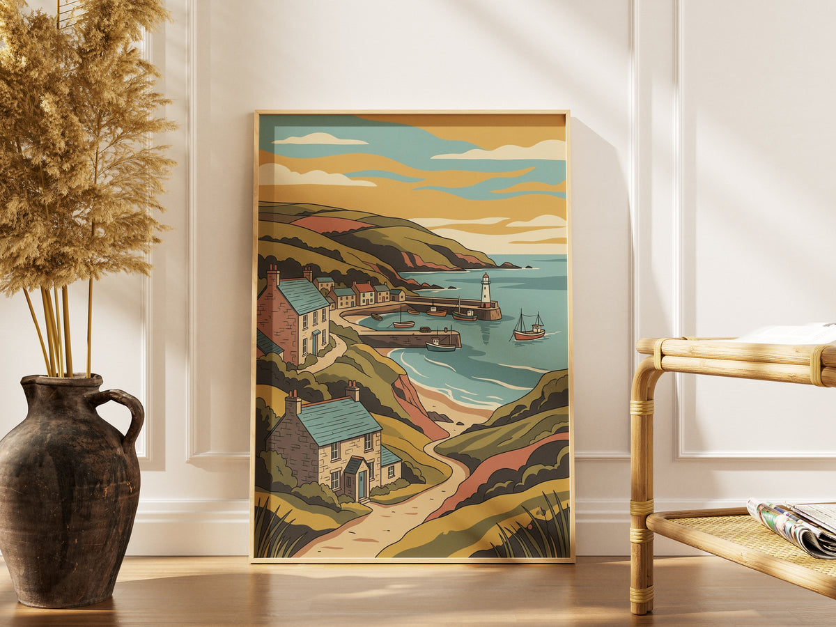 Sunset Coastal Harbor Print Vintage Seaside Village Poster Lighthouse Bay Print