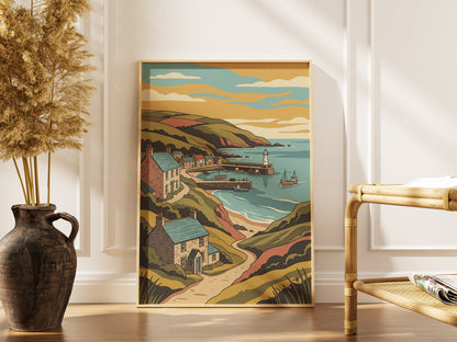 Sunset Coastal Harbor Print Vintage Seaside Village Poster Lighthouse Bay Print