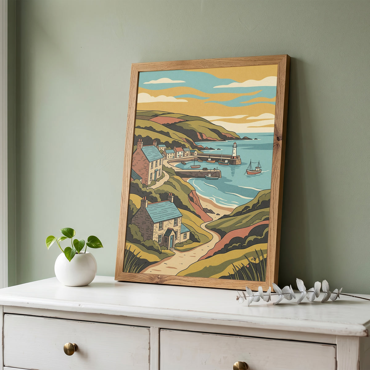 Sunset Coastal Harbor Print Vintage Seaside Village Poster Lighthouse Bay Print
