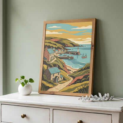 Sunset Coastal Harbor Print Vintage Seaside Village Poster Lighthouse Bay Print