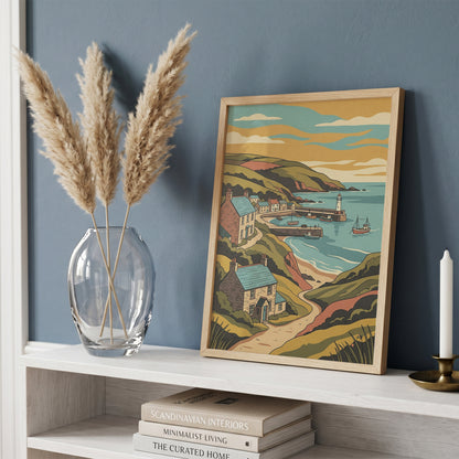 Sunset Coastal Harbor Print Vintage Seaside Village Poster Lighthouse Bay Print