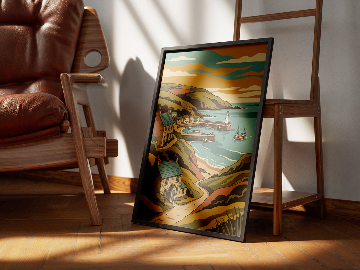 Sunset Coastal Harbor Print Vintage Seaside Village Poster Lighthouse Bay Print