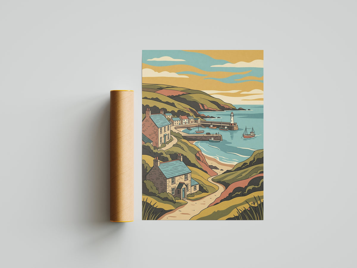 Sunset Coastal Harbor Print Vintage Seaside Village Poster Lighthouse Bay Print