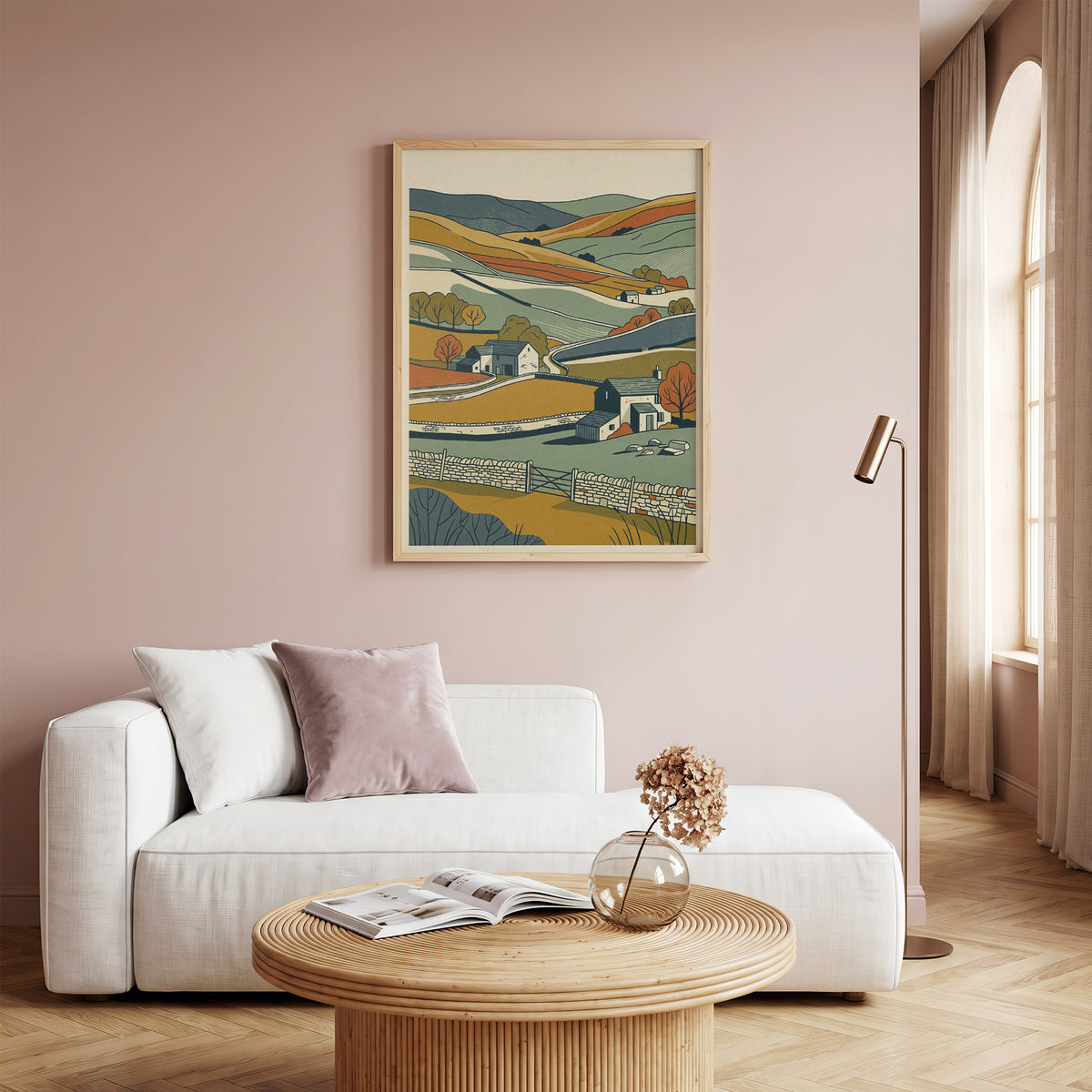 English Countryside Rolling Hills Landscape Print, Rustic Stone Cottage Wall Art