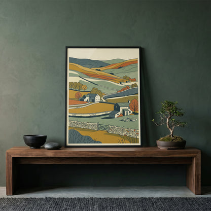 English Countryside Rolling Hills Landscape Print, Rustic Stone Cottage Wall Art