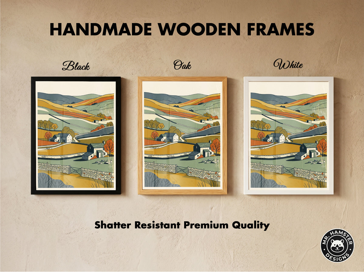English Countryside Rolling Hills Landscape Print, Rustic Stone Cottage Wall Art