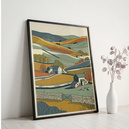 English Countryside Rolling Hills Landscape Print, Rustic Stone Cottage Wall Art