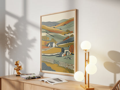 English Countryside Rolling Hills Landscape Print, Rustic Stone Cottage Wall Art