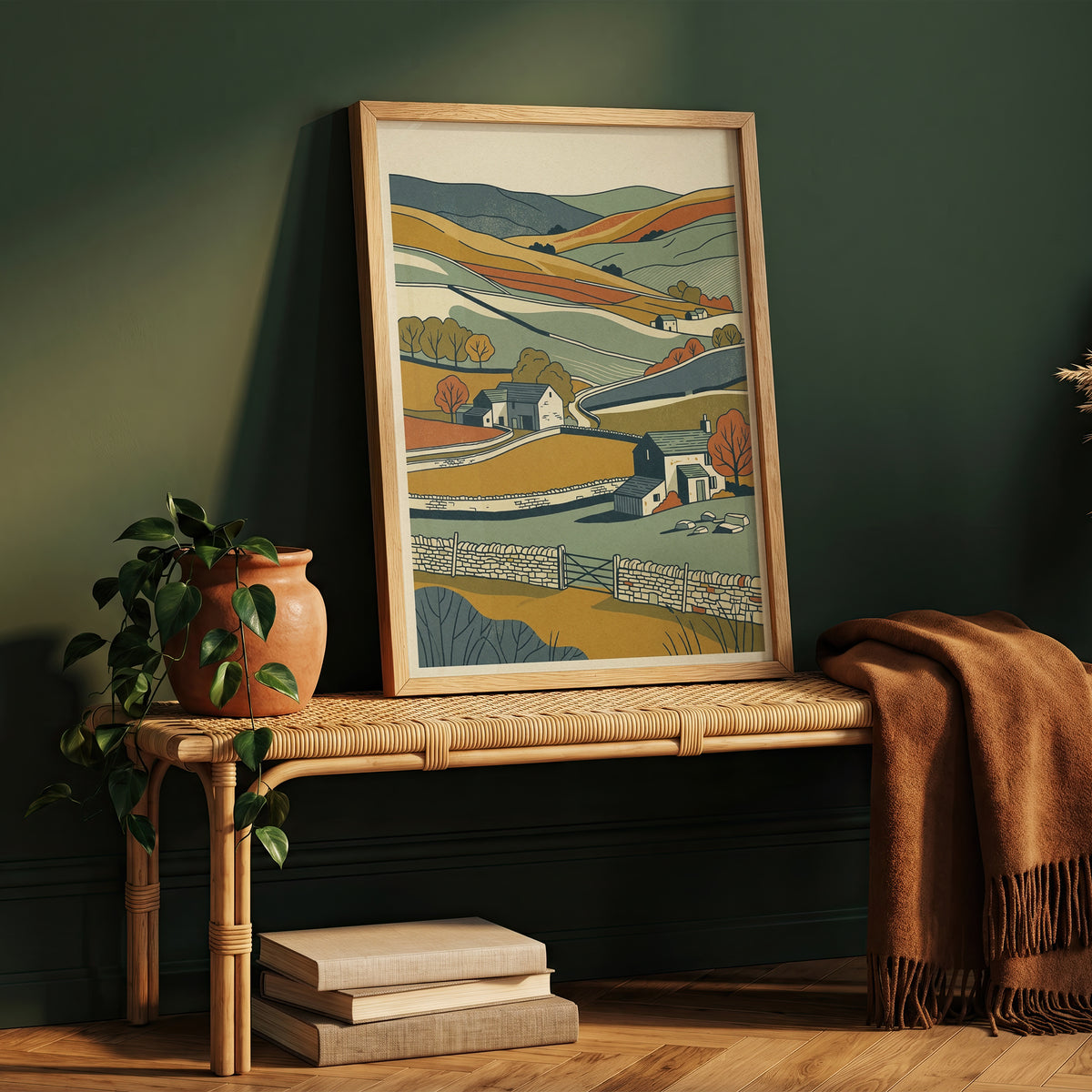 English Countryside Rolling Hills Landscape Print, Rustic Stone Cottage Wall Art