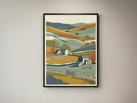 English Countryside Rolling Hills Landscape Print, Rustic Stone Cottage Wall Art