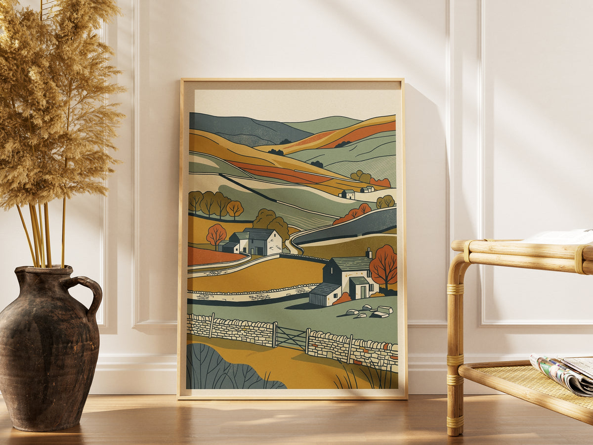 English Countryside Rolling Hills Landscape Print, Rustic Stone Cottage Wall Art