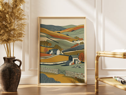 English Countryside Rolling Hills Landscape Print, Rustic Stone Cottage Wall Art