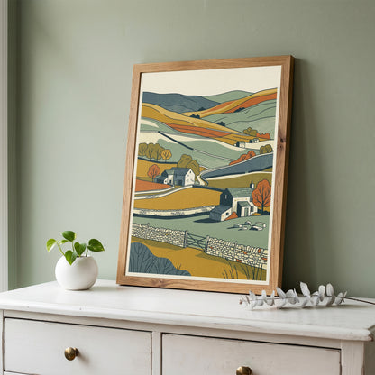 English Countryside Rolling Hills Landscape Print, Rustic Stone Cottage Wall Art