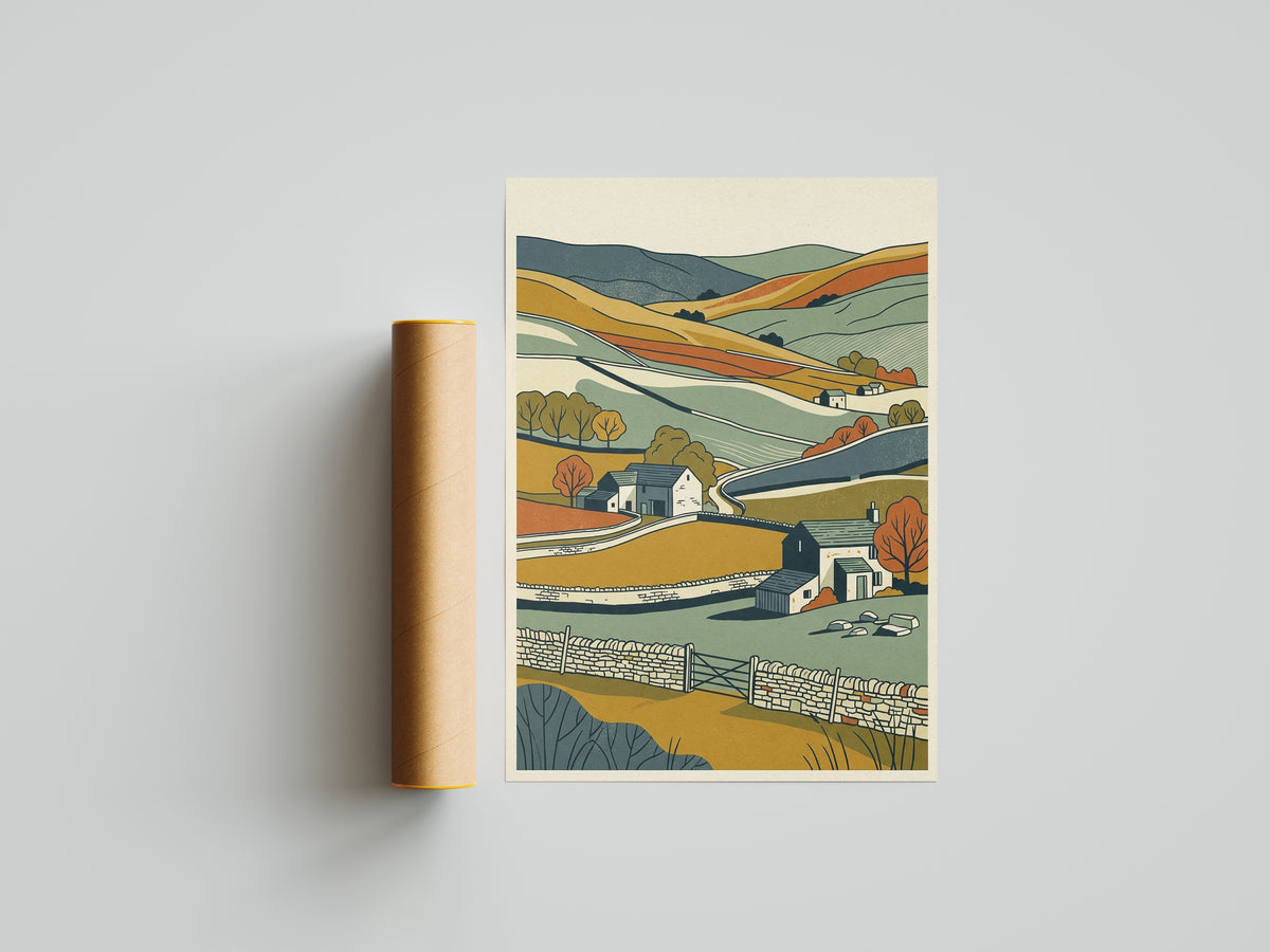 English Countryside Rolling Hills Landscape Print, Rustic Stone Cottage Wall Art