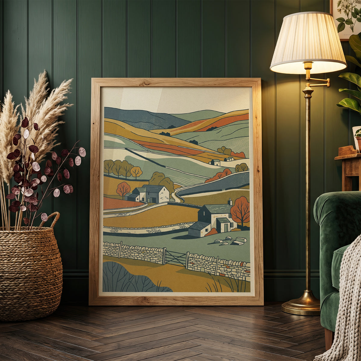 English Countryside Rolling Hills Landscape Print, Rustic Stone Cottage Wall Art