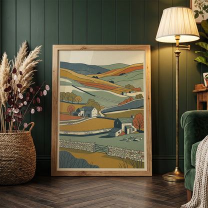English Countryside Rolling Hills Landscape Print, Rustic Stone Cottage Wall Art