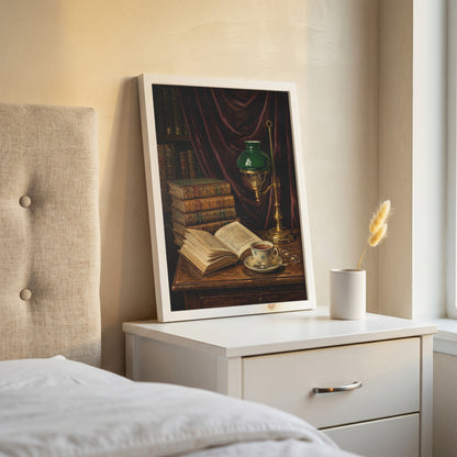 Vintage Library Still Life Print Antique Books Tea Wall Art Dark Academia Print