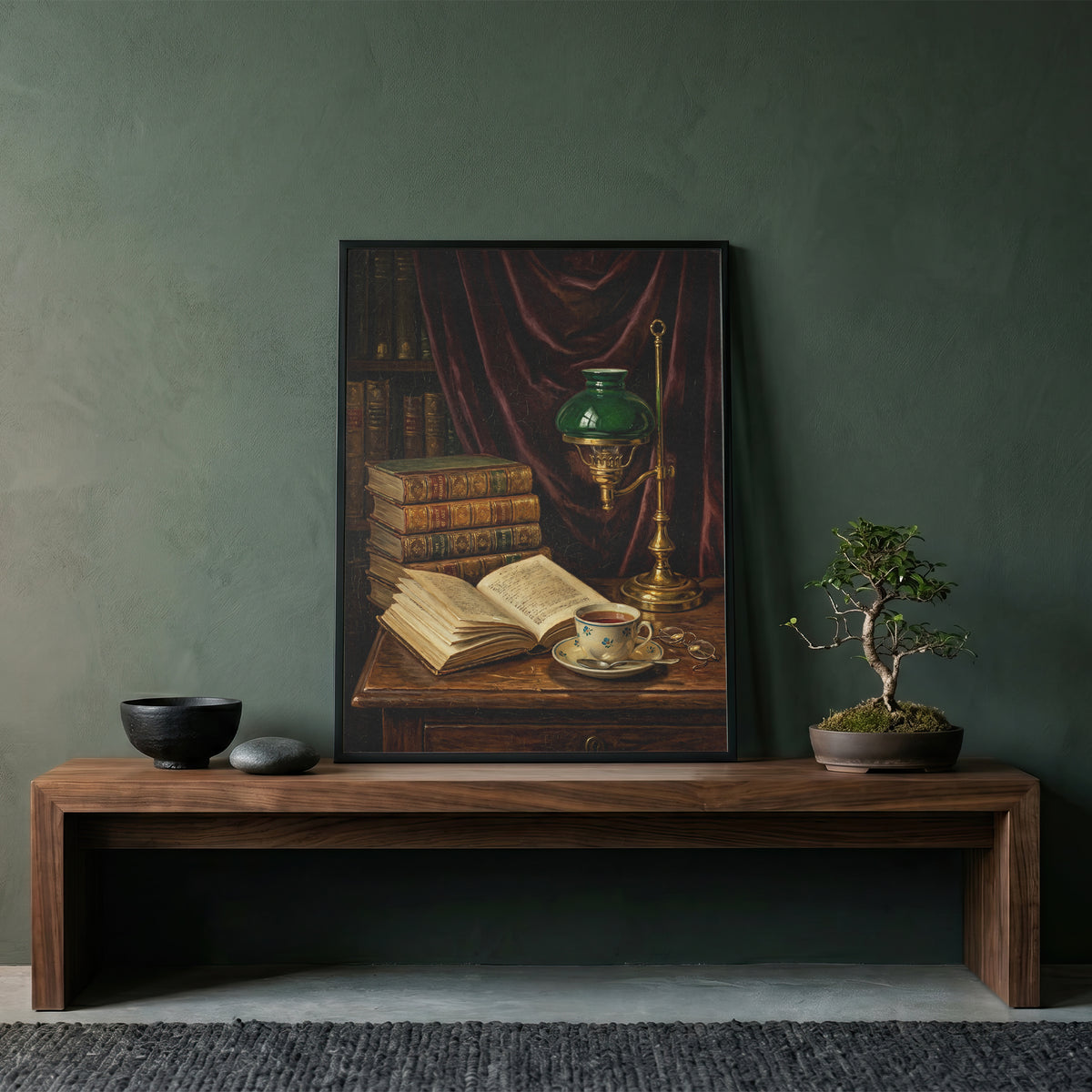 Vintage Library Still Life Print Antique Books Tea Wall Art Dark Academia Print