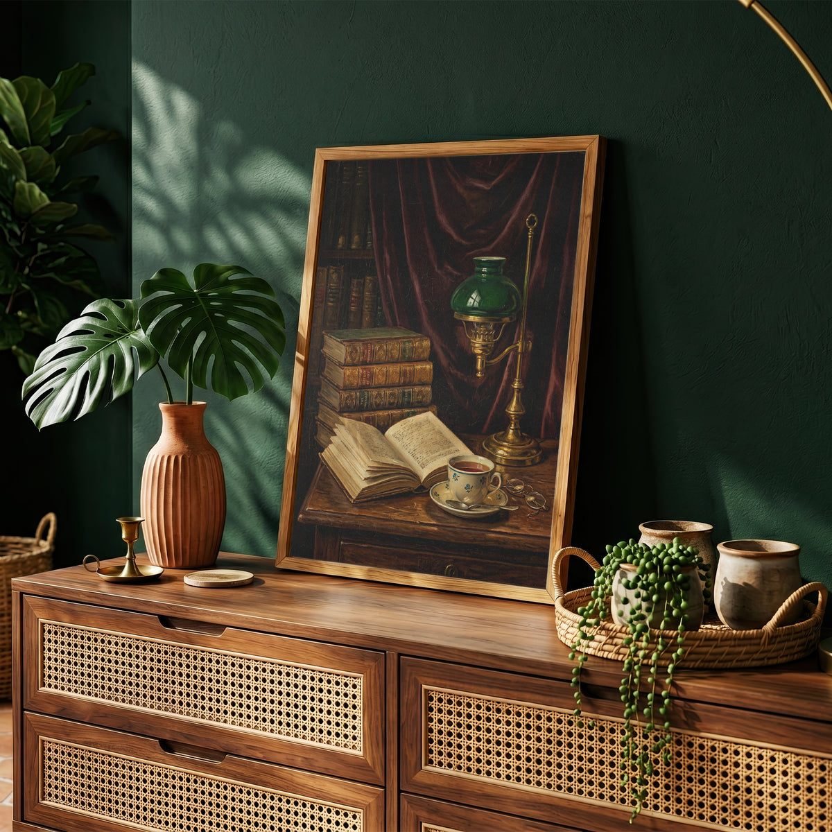 Vintage Library Still Life Print Antique Books Tea Wall Art Dark Academia Print