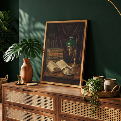 Vintage Library Still Life Print Antique Books Tea Wall Art Dark Academia Print