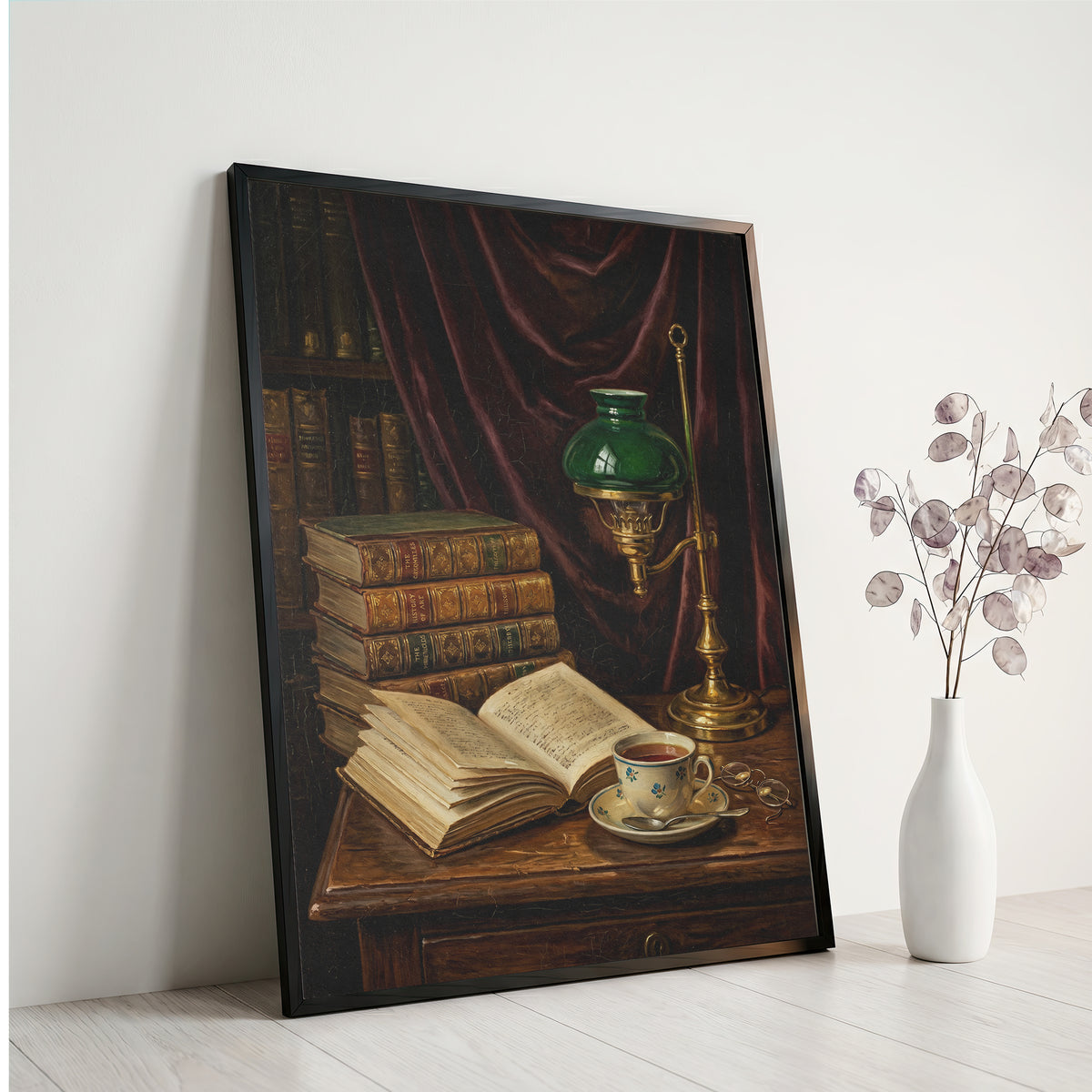 Vintage Library Still Life Print Antique Books Tea Wall Art Dark Academia Print