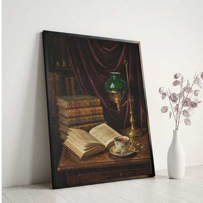 Vintage Library Still Life Print Antique Books Tea Wall Art Dark Academia Print