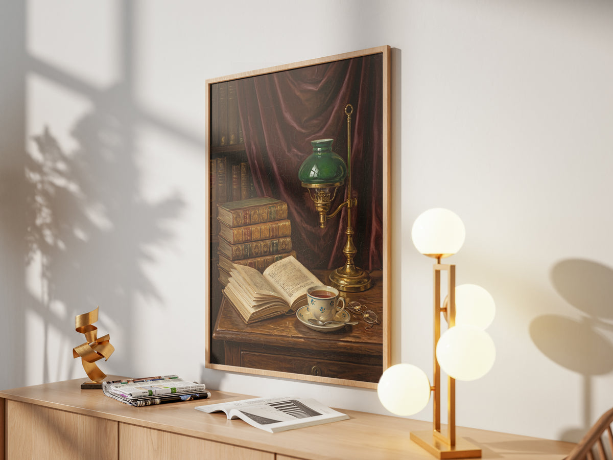 Vintage Library Still Life Print Antique Books Tea Wall Art Dark Academia Print