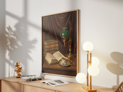 Vintage Library Still Life Print Antique Books Tea Wall Art Dark Academia Print