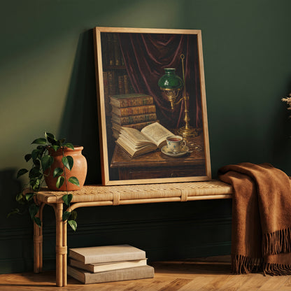 Vintage Library Still Life Print Antique Books Tea Wall Art Dark Academia Print