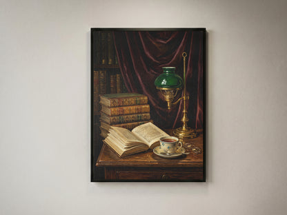 Vintage Library Still Life Print Antique Books Tea Wall Art Dark Academia Print