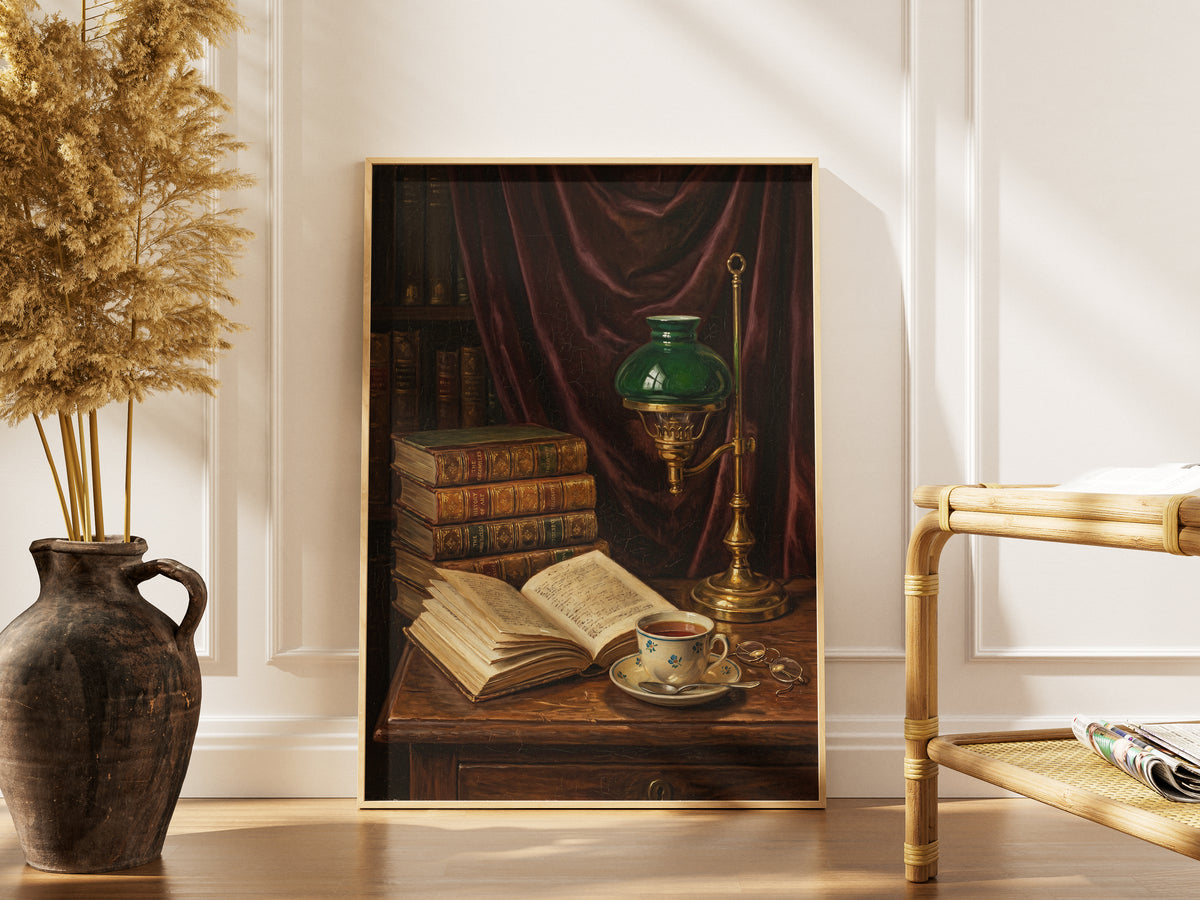 Vintage Library Still Life Print Antique Books Tea Wall Art Dark Academia Print