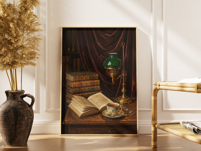 Vintage Library Still Life Print Antique Books Tea Wall Art Dark Academia Print