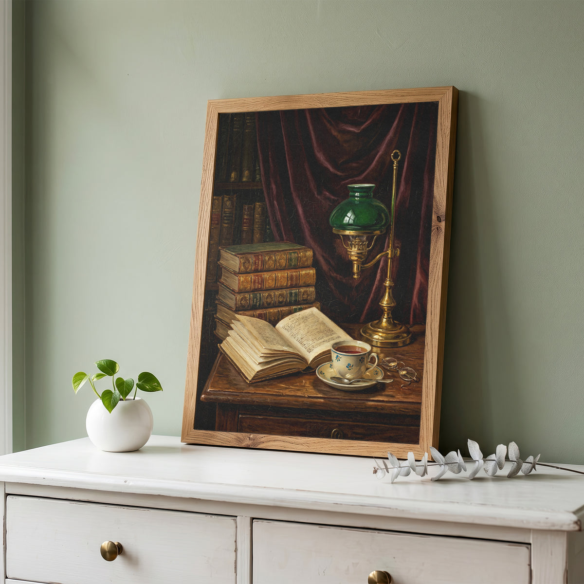 Vintage Library Still Life Print Antique Books Tea Wall Art Dark Academia Print