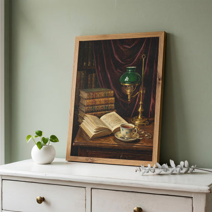 Vintage Library Still Life Print Antique Books Tea Wall Art Dark Academia Print