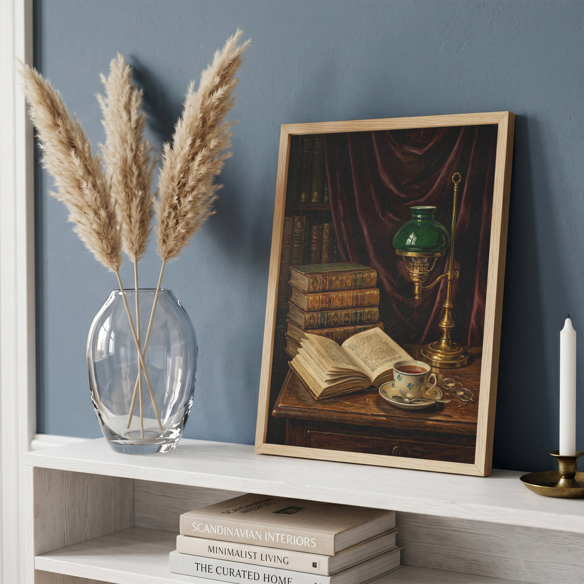 Vintage Library Still Life Print Antique Books Tea Wall Art Dark Academia Print