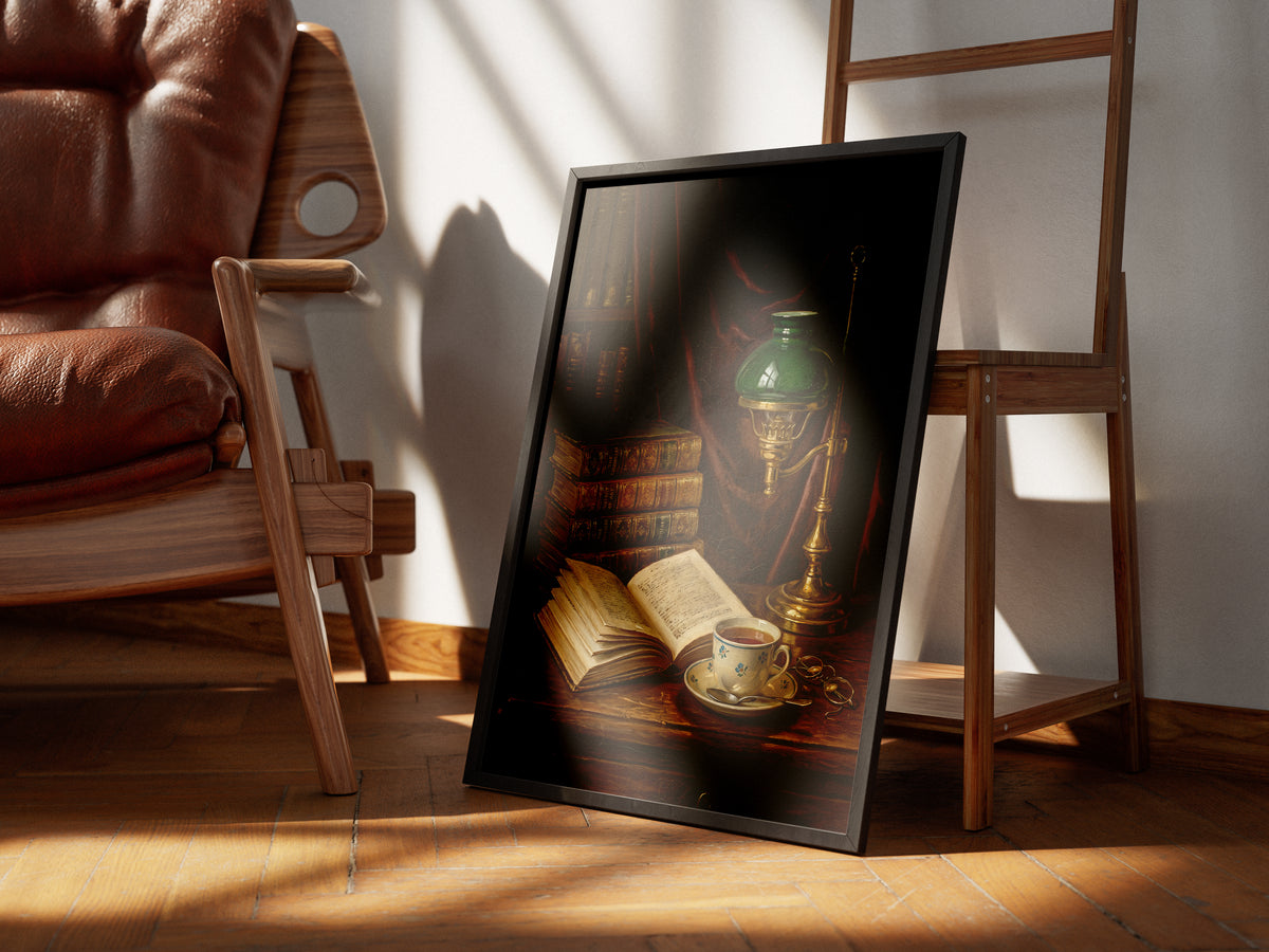 Vintage Library Still Life Print Antique Books Tea Wall Art Dark Academia Print