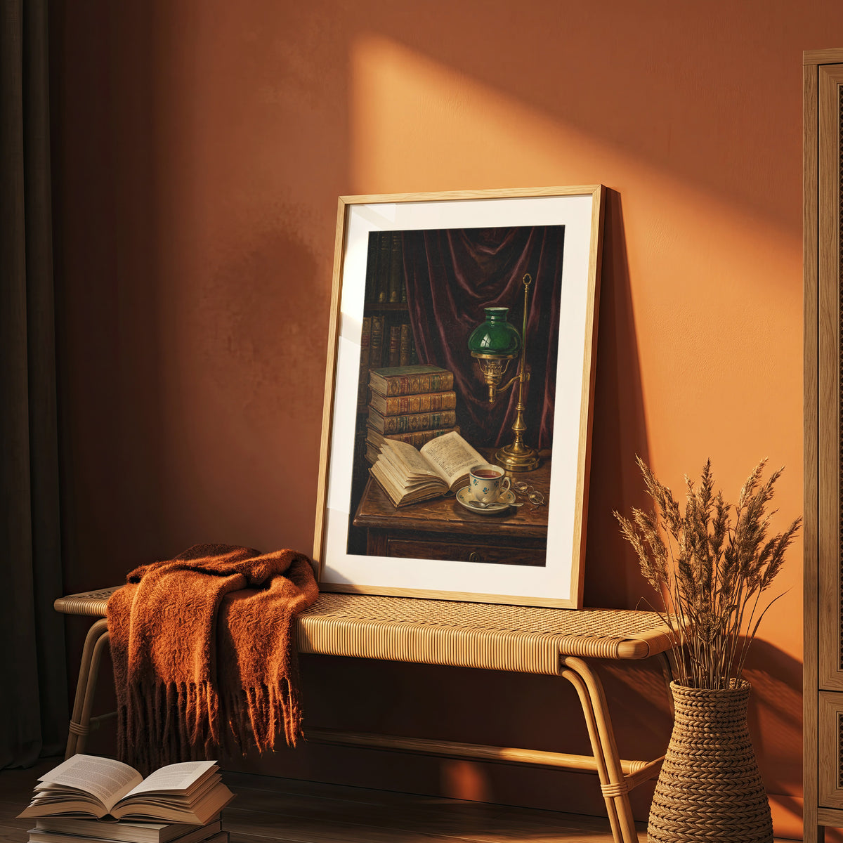 Vintage Library Still Life Print Antique Books Tea Wall Art Dark Academia Print