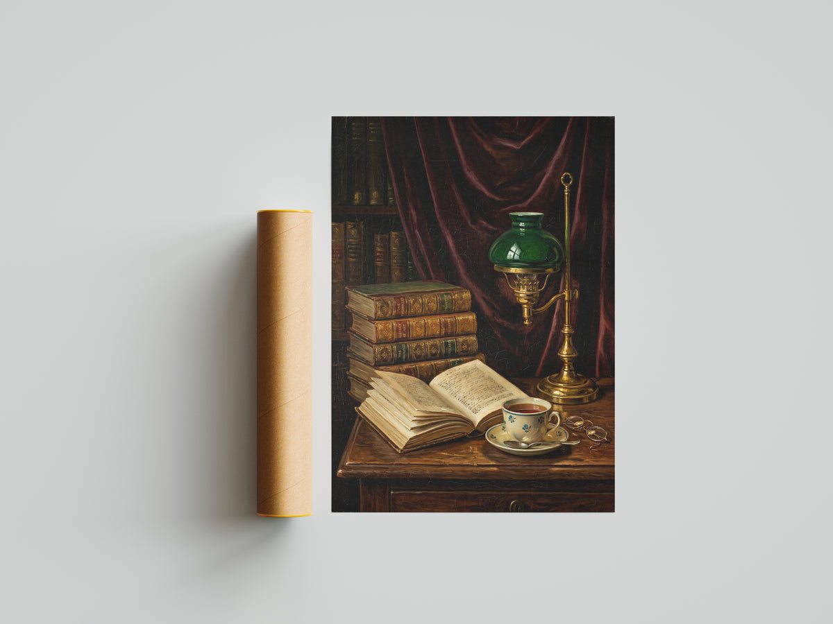 Vintage Library Still Life Print Antique Books Tea Wall Art Dark Academia Print