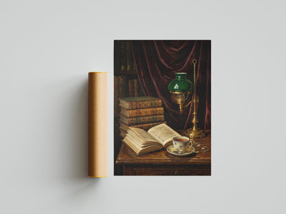 Vintage Library Still Life Print Antique Books Tea Wall Art Dark Academia Print